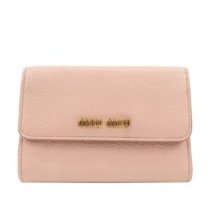MIU MIU Leather Double Hook Bi-fold Wallet Pink Gold Hardware Used