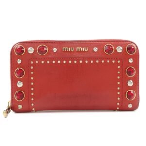 MIU MIU Leather Round Zipper Long Wallet Bijou Studs Red Used