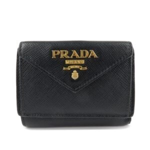 PRADA Saffiano Leather Tri-fold Wallet Black Gold Hardware 1MH021 Used