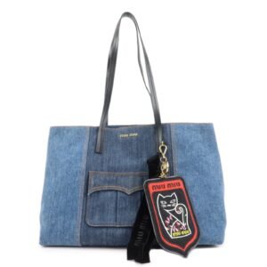 MIU MIU Leather Denim Tote Bag Shoulder Bag Navy 5BG024 Used