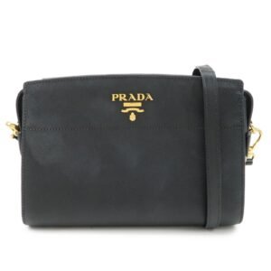 PRADA Logo Saffiano Leather Shoulder Bag Gold HDW Black
