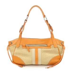 PRADA Triangle Logo Raffia Leather Shoulder Bag Beige Orange
