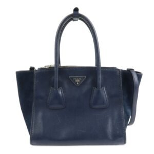 PRADA Triangle Logo Leather 2Way Bag Tote Bag Hand Bag Navy B2625M