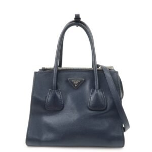 PRADA Triangle Logo Leather 2Way Bag Tote Bag Hand Bag Navy B2625M