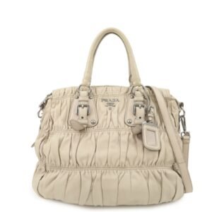 PRADA Logo Leather Gathered 2Way Hand Bag Beige BN1336