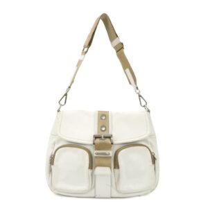 PRADA Triangle Logo Leather Nylon Shoulder Bag White Beige