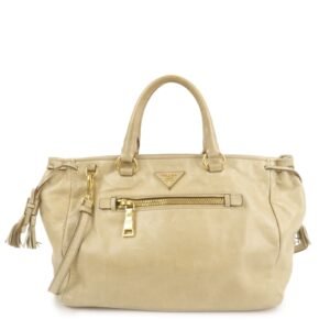 PRADA Triangle Logo VITELLOSHINE Leather 2Way Bag Beige BN1921